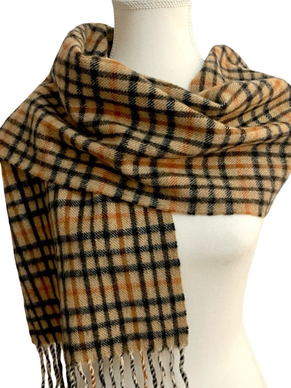 DAKS London 100% Wool Plaid Scarf Made in UK Beige Black 55 x 11.5